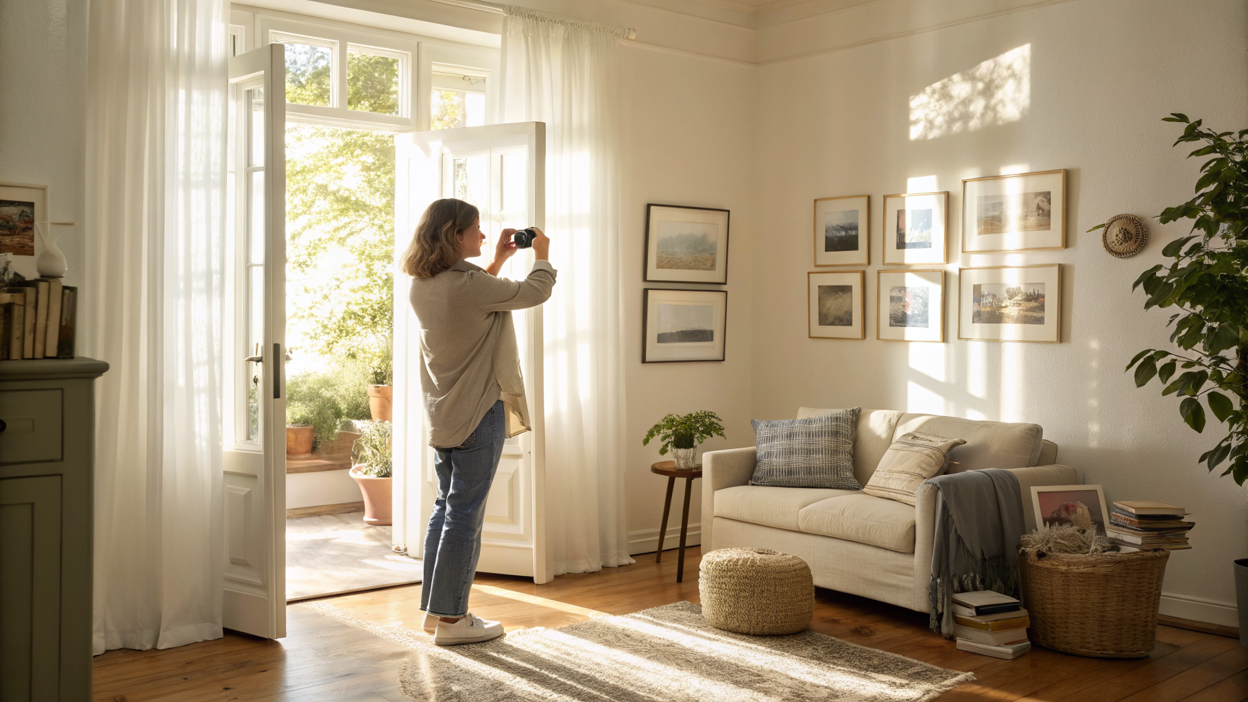 Woman standing in a doorway photographing her living room with a smartphone to assess the space before decorating