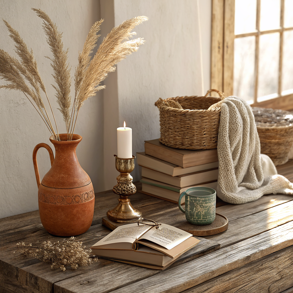 A styled home decor vignette featuring a ceramic jug with dried grasses, a vintage brass candlestick, a woven basket, and a linen throw arranged on a rustic wooden surface in warm natural light