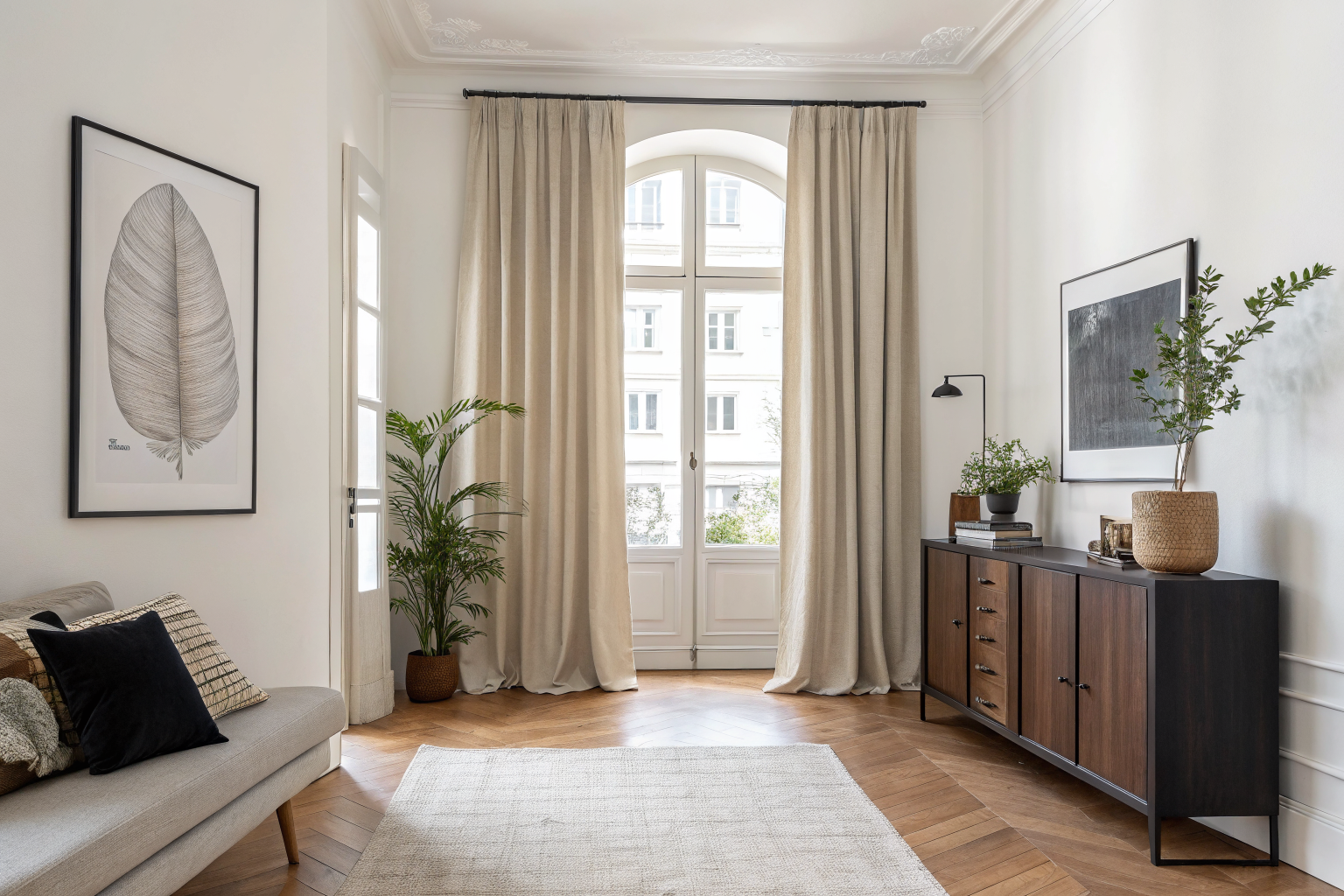 Minimalist living room decorated on a budget with linen curtains hung at ceiling height, a framed art print, matte black accents, and a ceramic vase with faux stems, creating a high-end aesthetic through restraint and placement