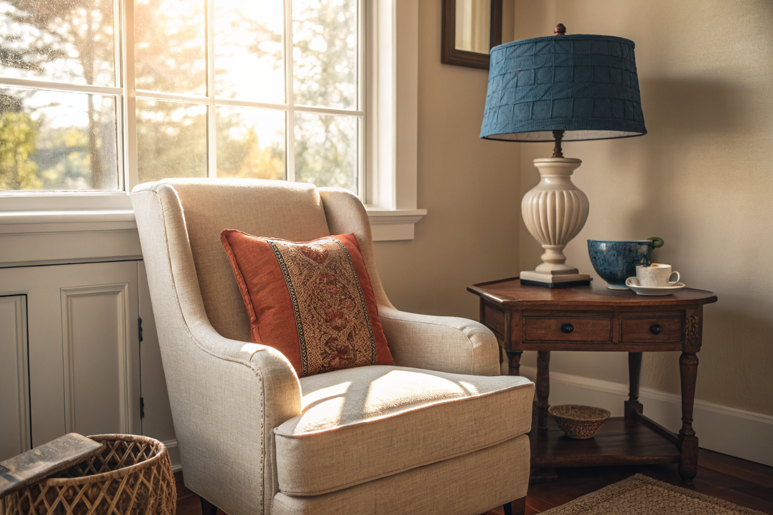 A cozy living room corner with a linen armchair by a sunny window, styled with budget-friendly decor including a thrifted ceramic bowl, a freshly painted side table, and a textured throw pillow