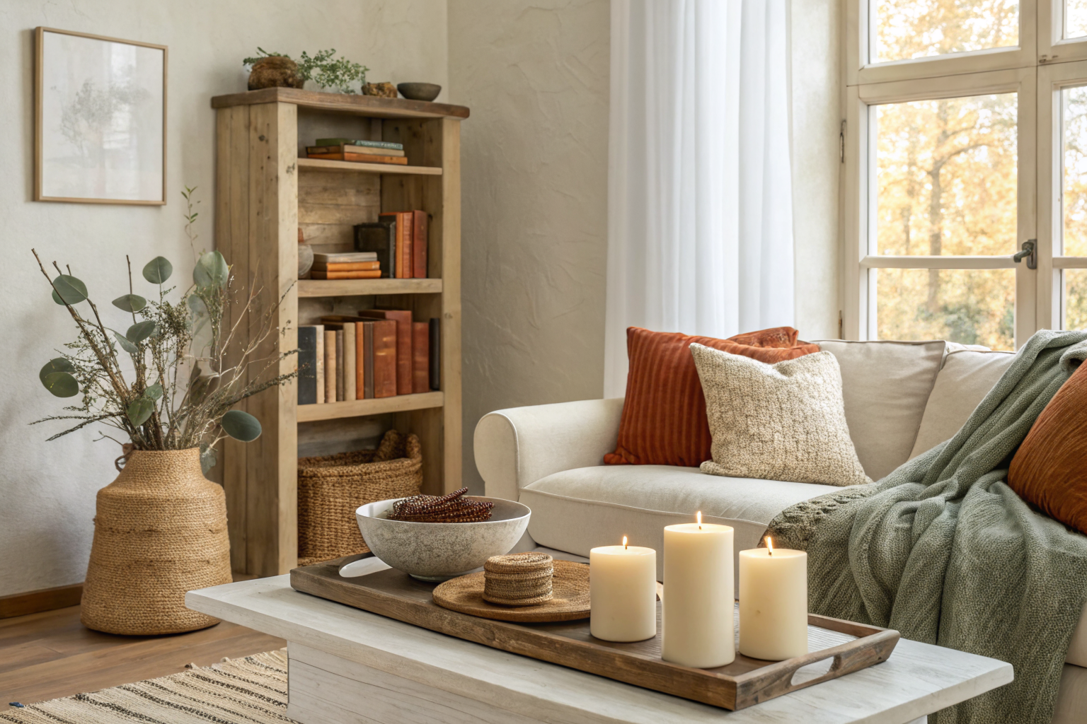 A warmly lit living room shelf and coffee table styled with repurposed household items including grouped books by color, a wooden cutting board, ceramic bowl, clustered candles on a tray, and a draped linen panel over an armchair