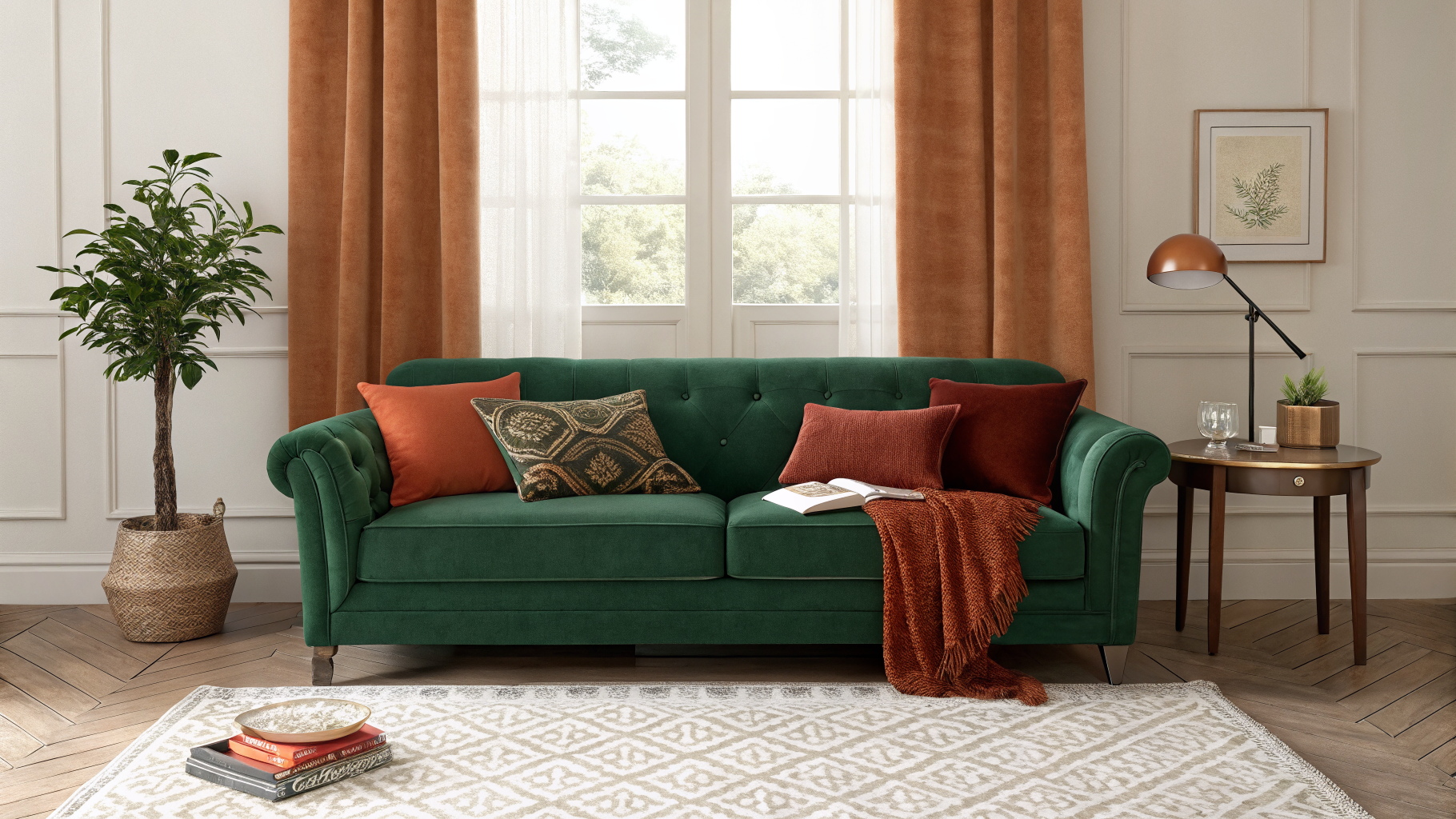 A cohesively styled living room centered around an emerald green velvet sofa, with rust and cream accents repeated in pillows, a plant pot, and a lamp, demonstrating a three-color decorating approach