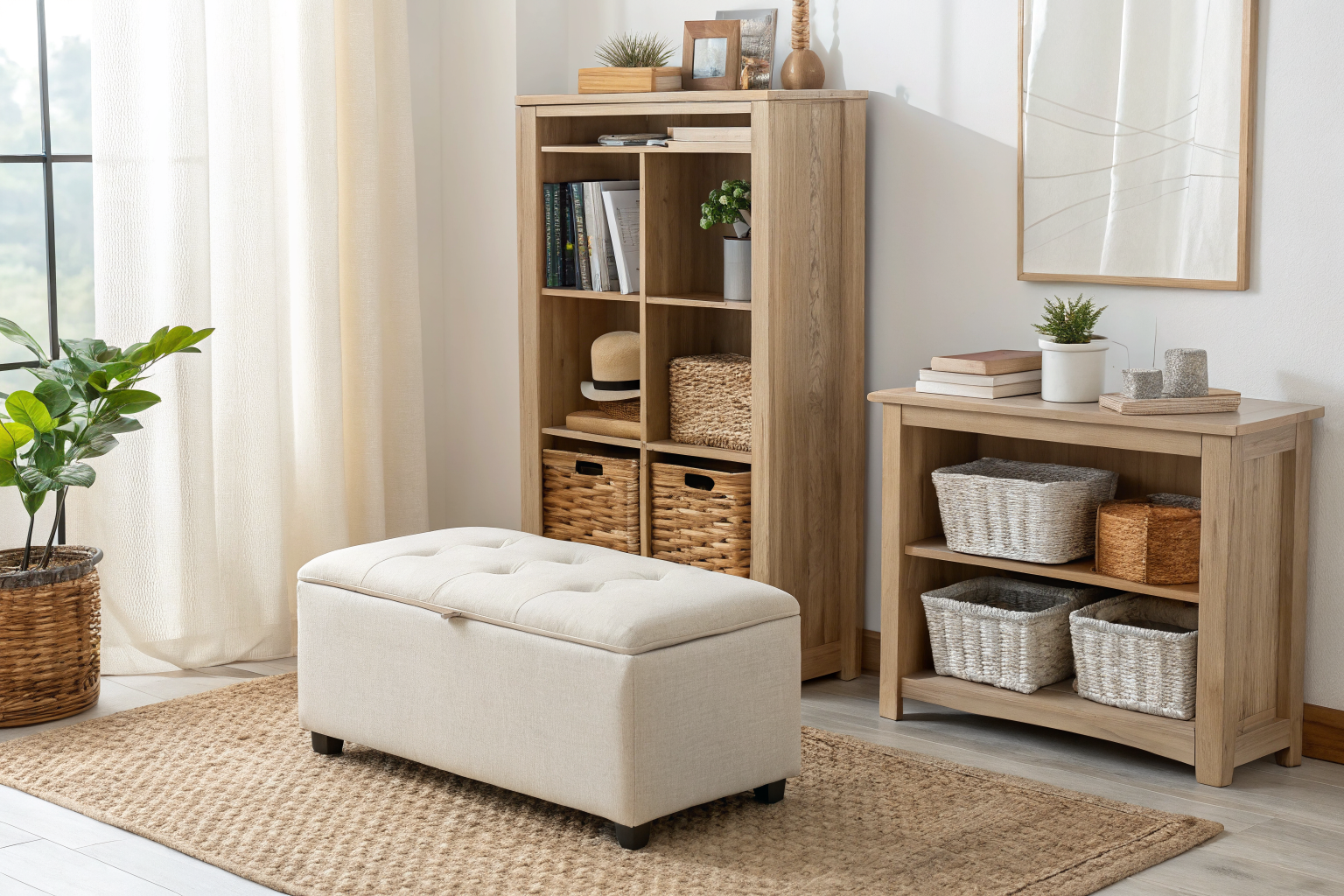 A calm small apartment living room with a linen storage ottoman and matching rattan baskets on open shelving, demonstrating cohesive storage that blends into the decor