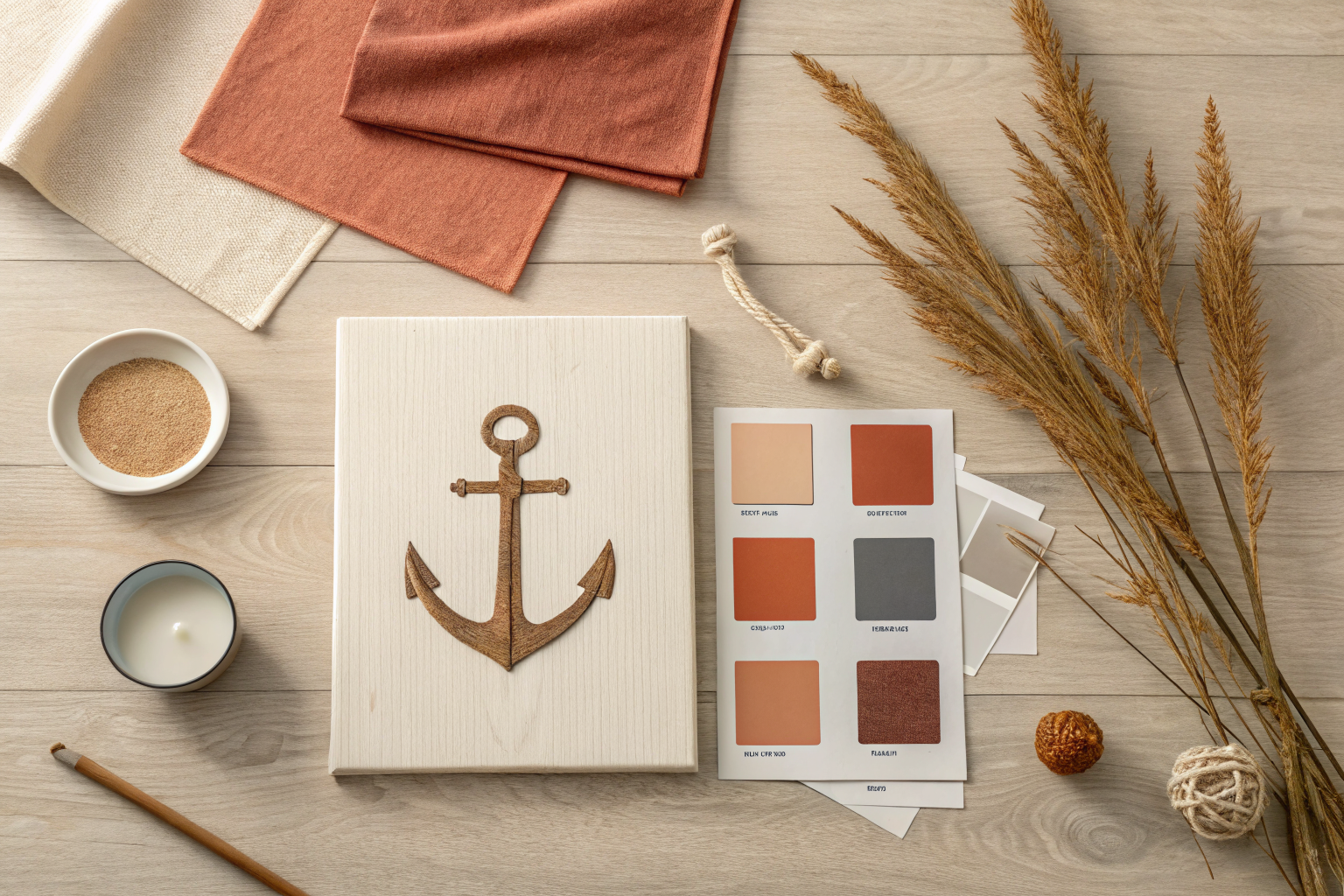 A flat lay of a cohesive home decor color palette featuring a dominant warm off-white paint swatch alongside two muted earth tone fabric swatches, a small ceramic bowl, and dried pampas grass on a natural oak surface in soft natural light.
