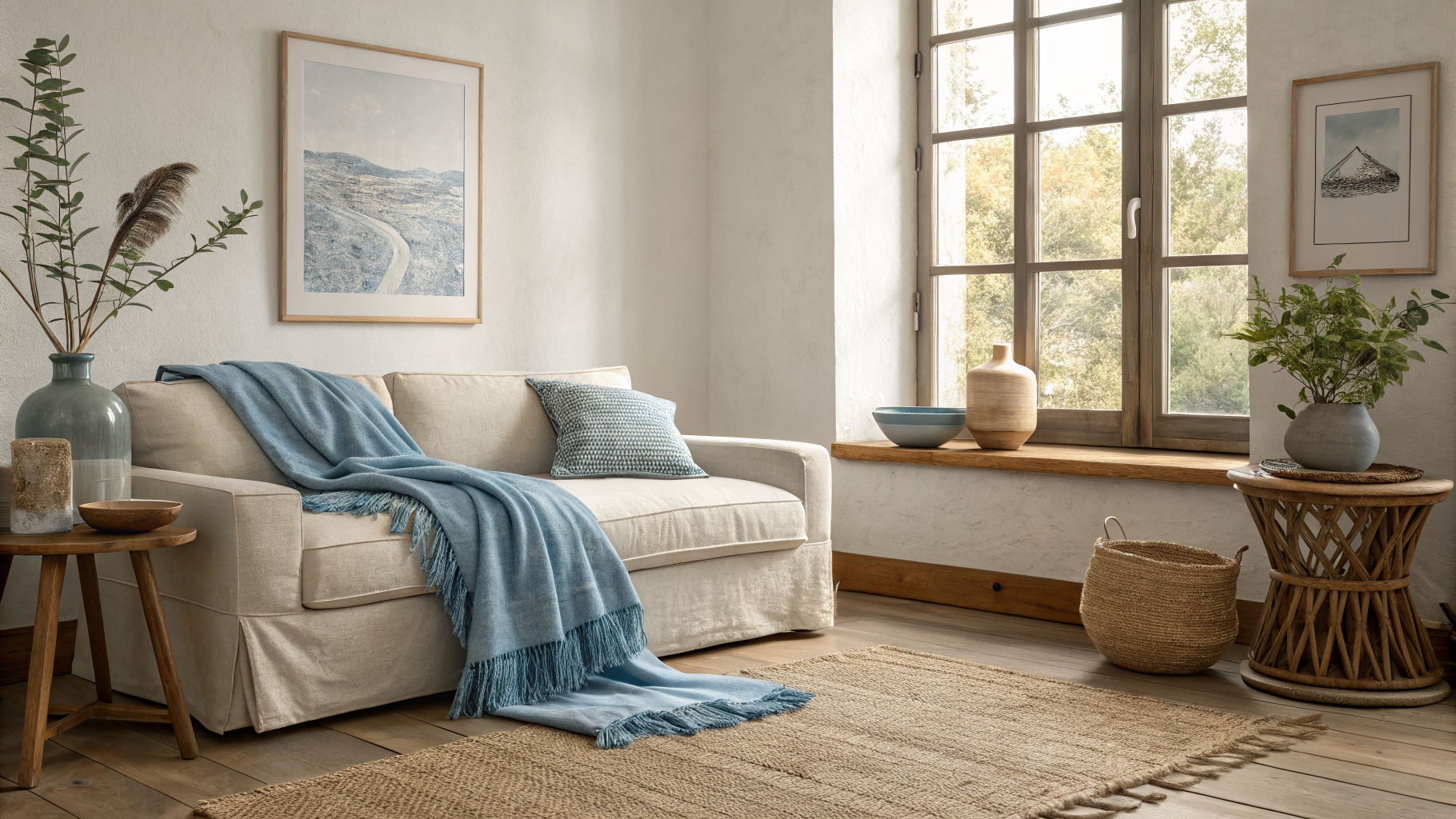 A small apartment living room styled with dusty blue accents, mixed textures including linen, jute, and matte ceramic, and a single subtle stripe pattern on one pillow, creating a layered and intentional aesthetic