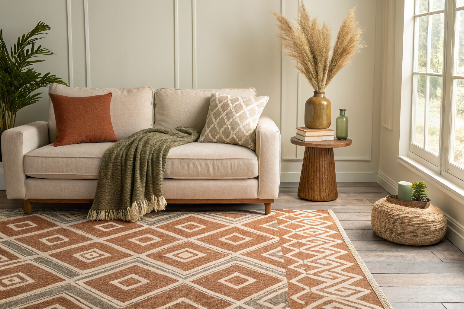 A calm living room corner styled with one patterned rug, solid linen pillows, a chunky knit throw, and a smooth ceramic vase, demonstrating how to balance color, texture, and pattern without visual clutter