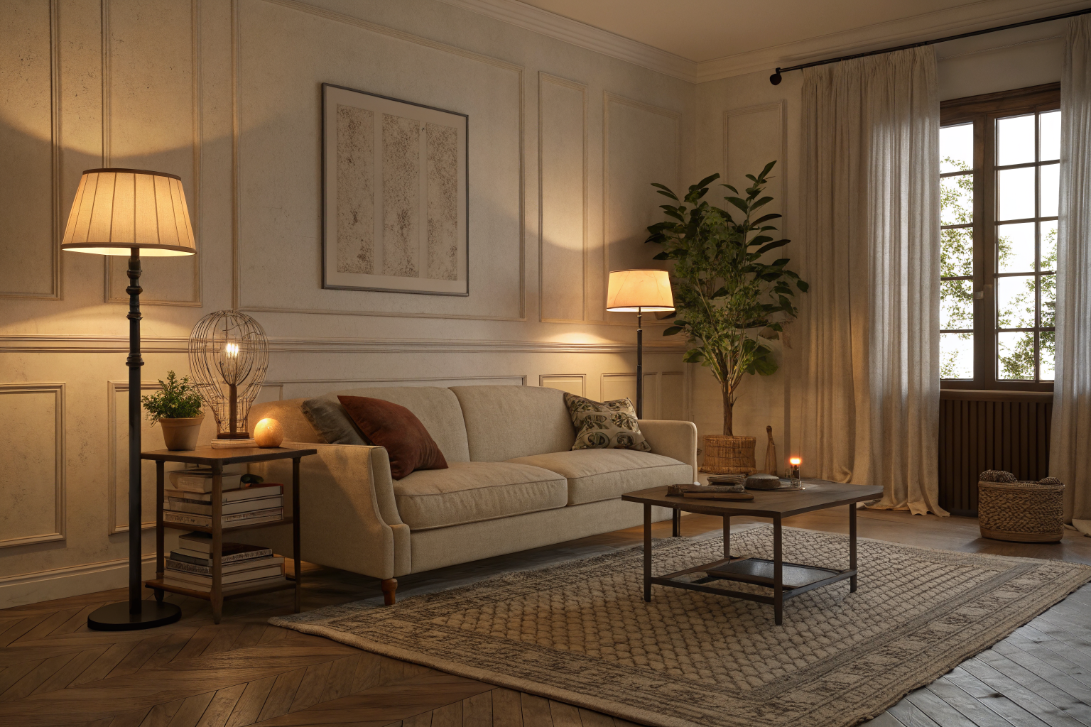 A warmly lit cozy living room with layered rugs, a sofa pulled from the wall, glowing lamps at 2700K, and an inviting lived-in atmosphere that feels personal and real