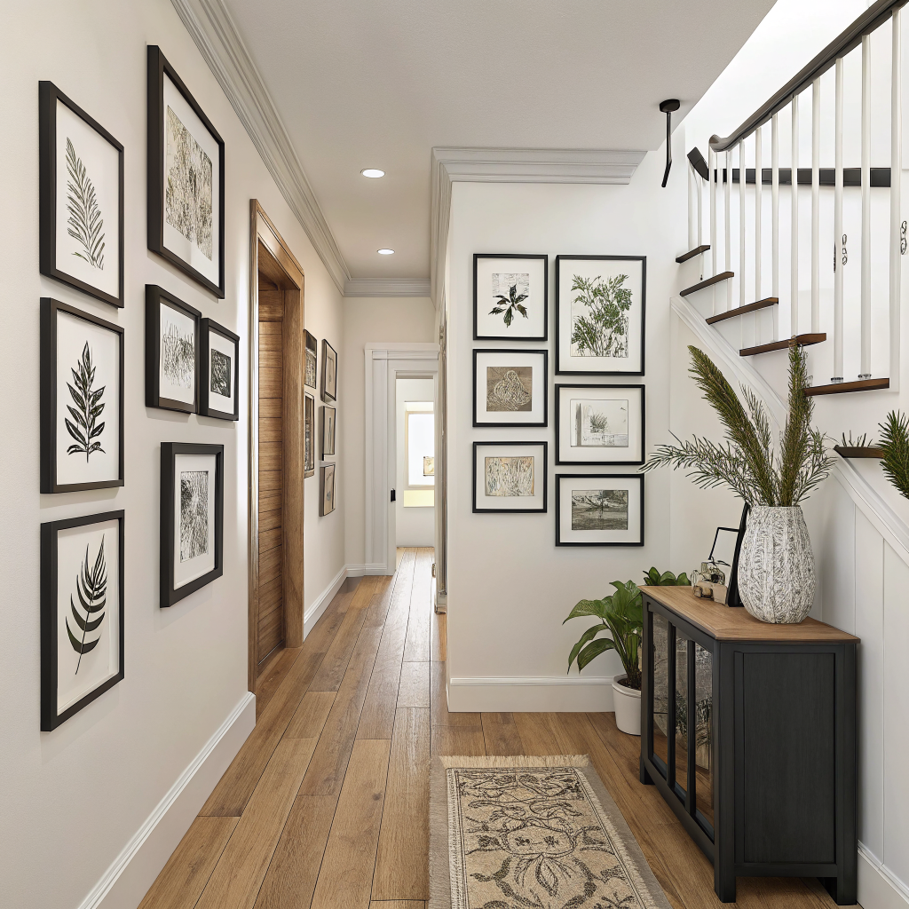 A curated gallery wall in a modern hallway featuring matching black frames with white mats arranged around one large anchor piece, evenly spaced with cohesive neutral artwork
