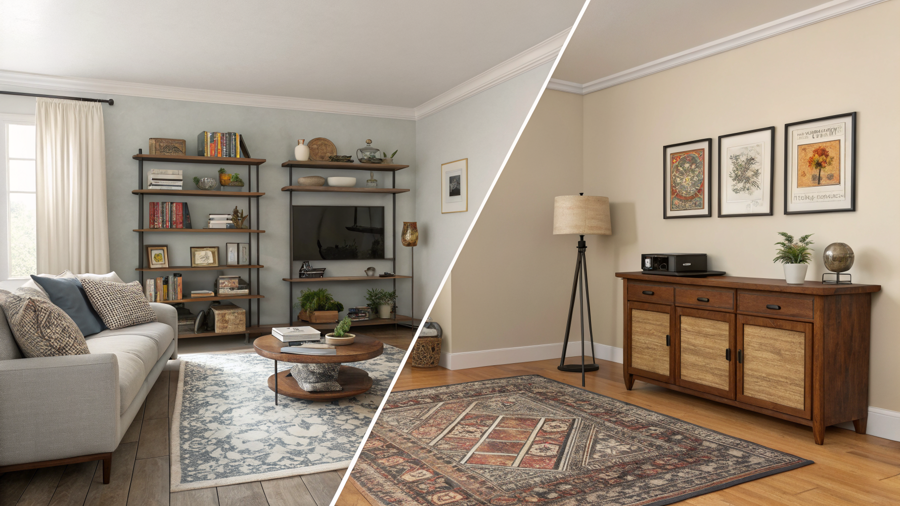 Side-by-side comparison of a living room showing common decorating mistakes like overcrowded shelves and undersized rugs versus a corrected, well-balanced version