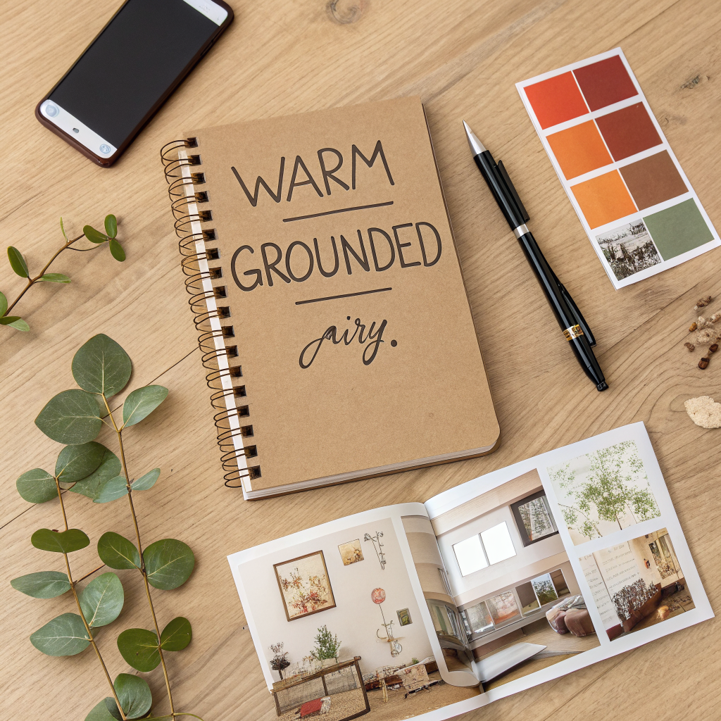 Overhead flat lay of a notebook with three handwritten aesthetic words surrounded by paint swatches, magazine clippings, and a smartphone showing a Pinterest mood board on a warm oak desk