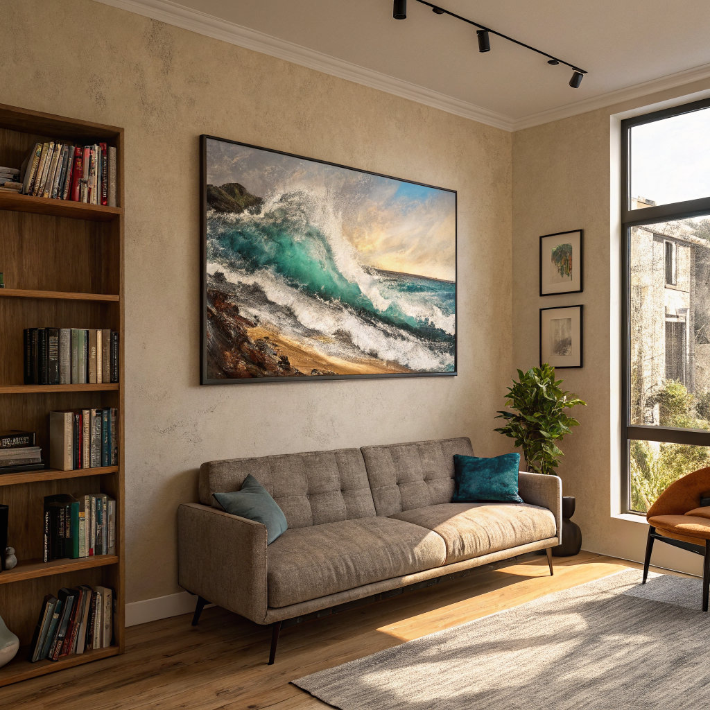 A large abstract canvas hung too high above a sofa in a living room, visually disconnected from the furniture below it and framed poorly