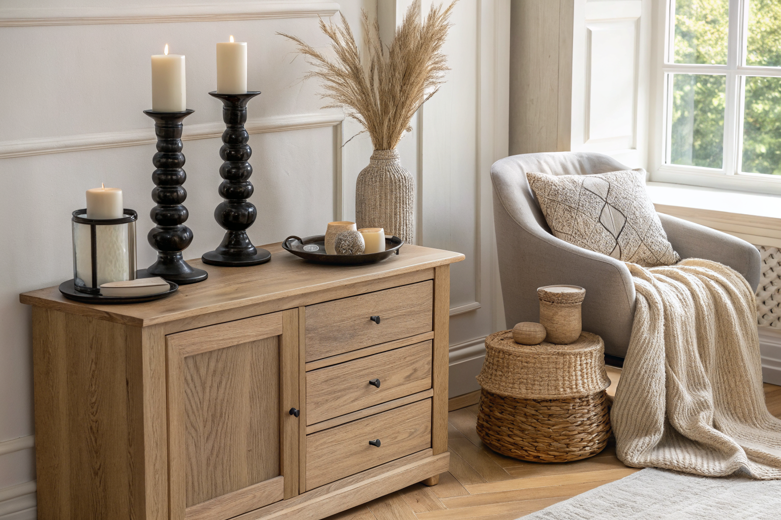 A styled home decor vignette featuring boucle throw pillows, a marble-effect tray, matte black candle holders, and a lidded woven basket arranged to look elegant and expensive on a warm oak sideboard