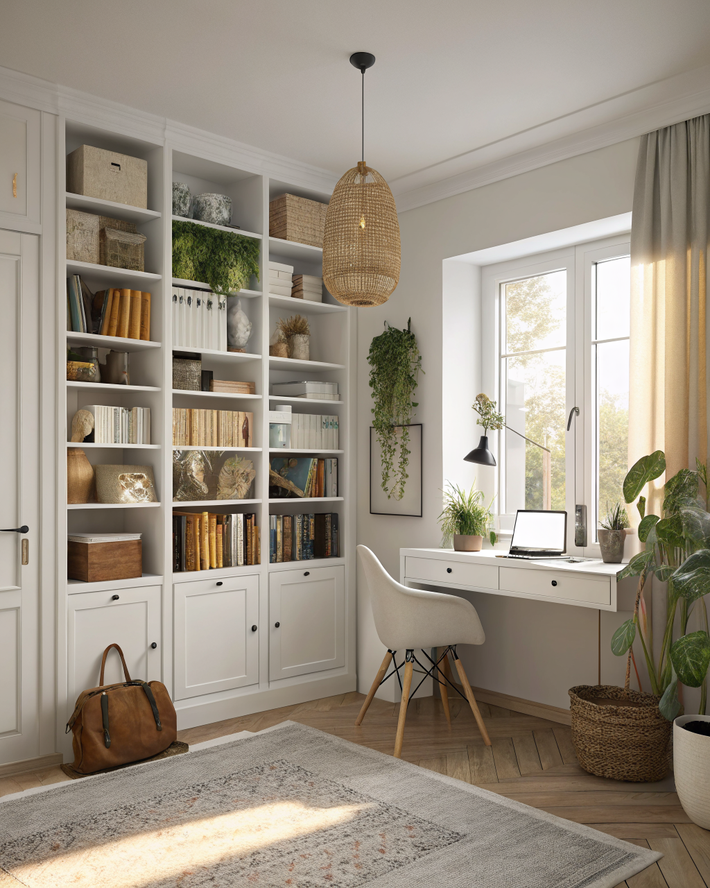 A small studio apartment with floor-to-ceiling white bookshelves, a wall-mounted desk, hanging pendant light, and wall hooks near the entry, demonstrating how vertical storage maximizes space