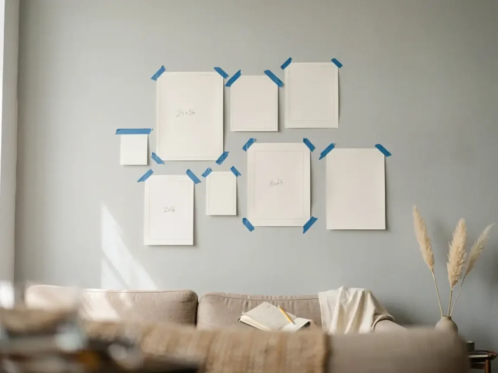 Paper templates taped to wall for planning a gallery wall above the sofa
