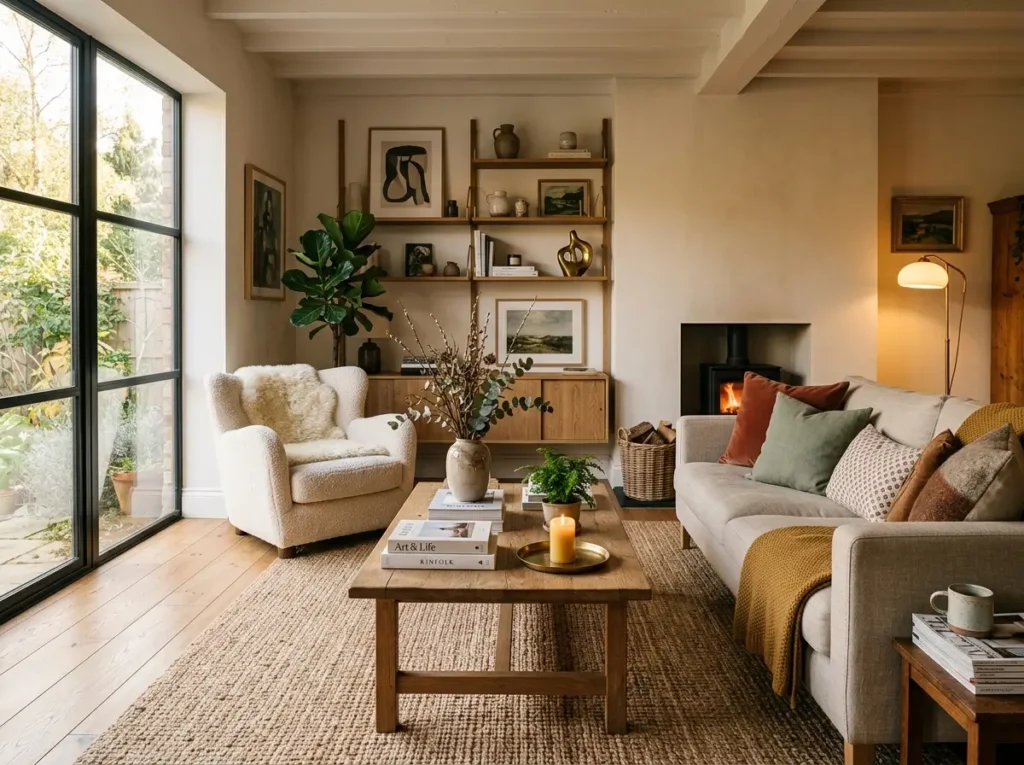 Home decor ideas aesthetic living room with warm lighting and layered textures