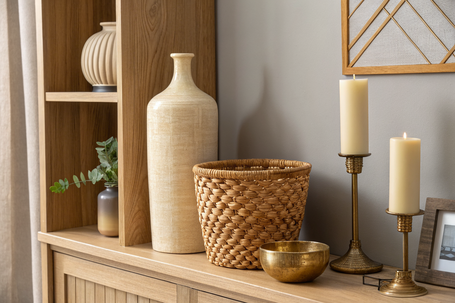 A styled shelf with a tall cream ceramic vase, woven basket, and brass candlestick grouped in threes with intentional negative space around them