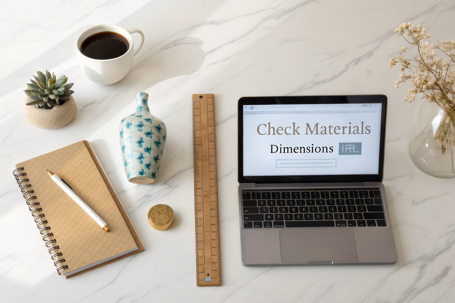 A styled desk flat lay showing a laptop with an Amazon product listing, a ruler, brass and resin decor objects side by side, and handwritten notes for comparing home decor quality before buying