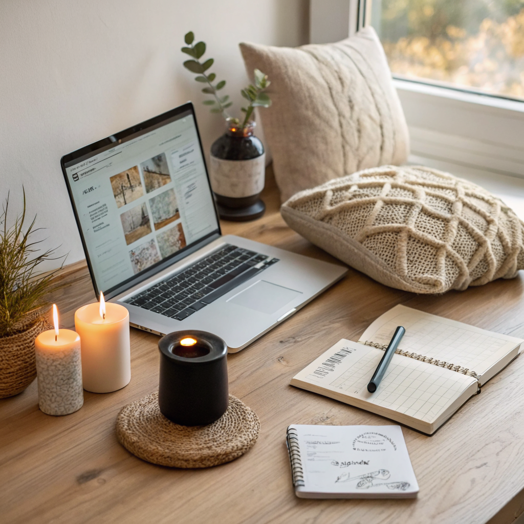 A laptop open to an online home decor shopping page surrounded by matte black candle holders, a boucle pillow, a ceramic vase, and a notebook on a light wood desk in natural light