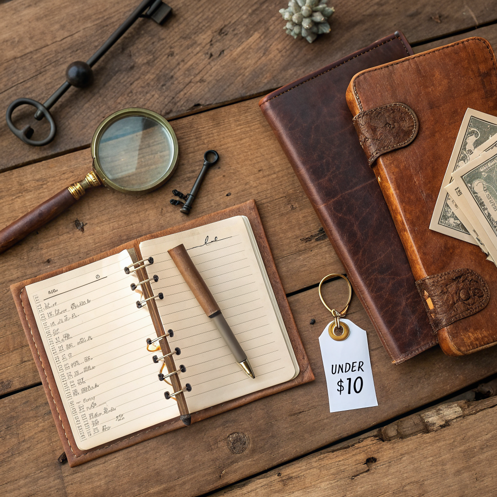 Flat lay of vintage furniture authentication tools including a magnifying glass, antique brass hardware, handwritten estate sale notes, and a smartphone showing an online marketplace listing on a rustic wooden surface