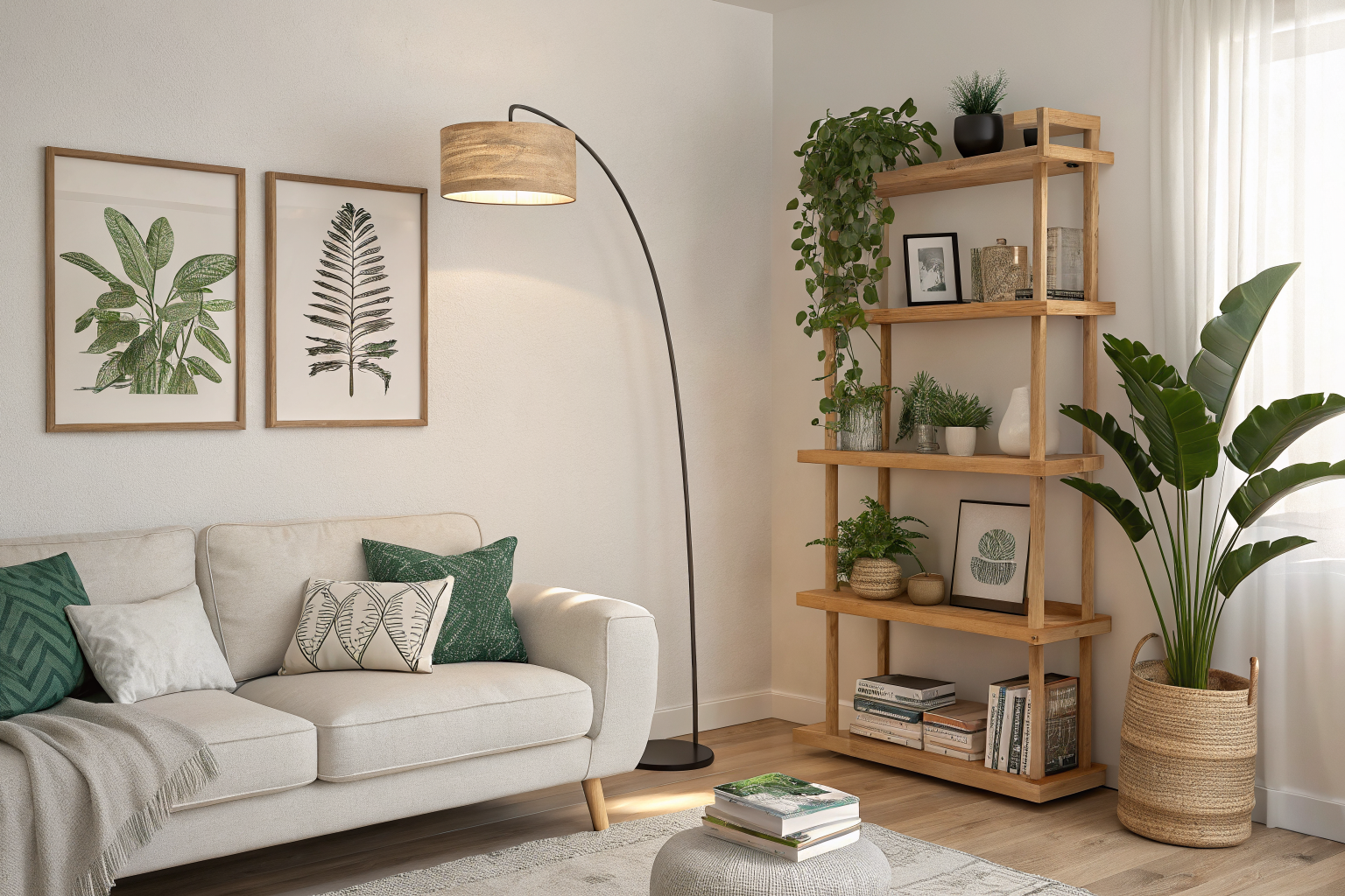A bright living room with a curated floating wood shelf displaying three objects with negative space, a large framed print anchoring the wall above a linen sofa, and a tall floor lamp paired with a plant in the corner