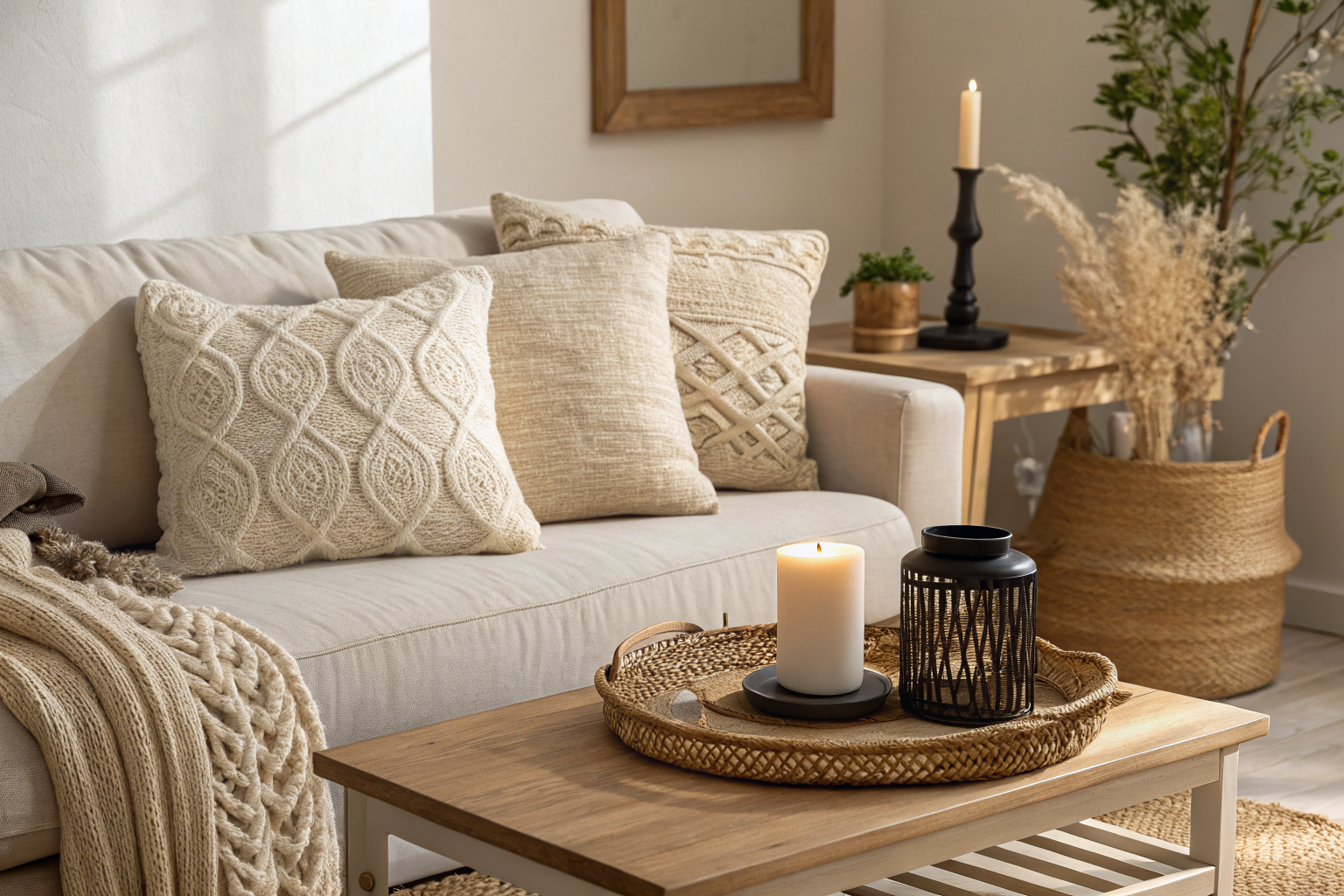 Cozy living room corner styled with boucle pillows, a woven tray, and a matte black candle holder on a coffee table, showing how minimal intentional decor transforms a space
