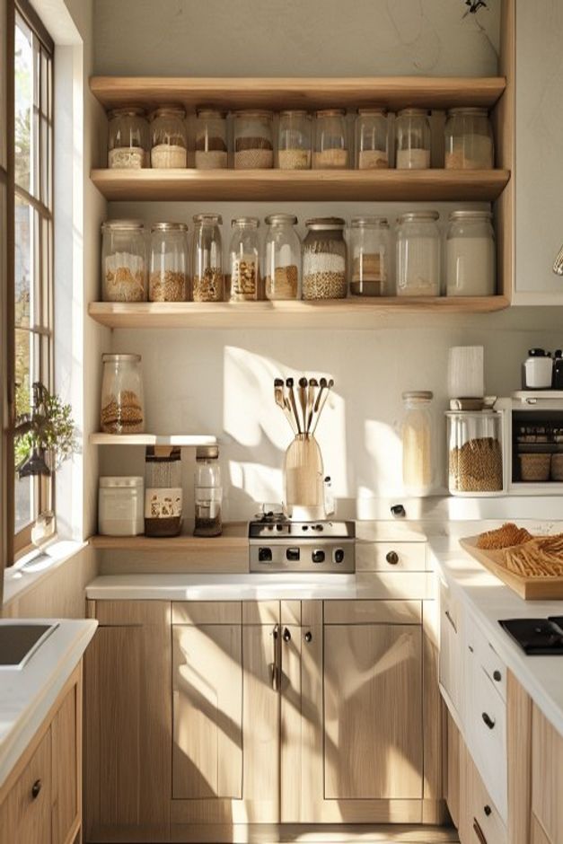 Organized kitchen shelves with matching glass and ceramic storage jars, a clutter-free marble countertop with minimal appliances, and a spice rack mounted inside a cabinet door