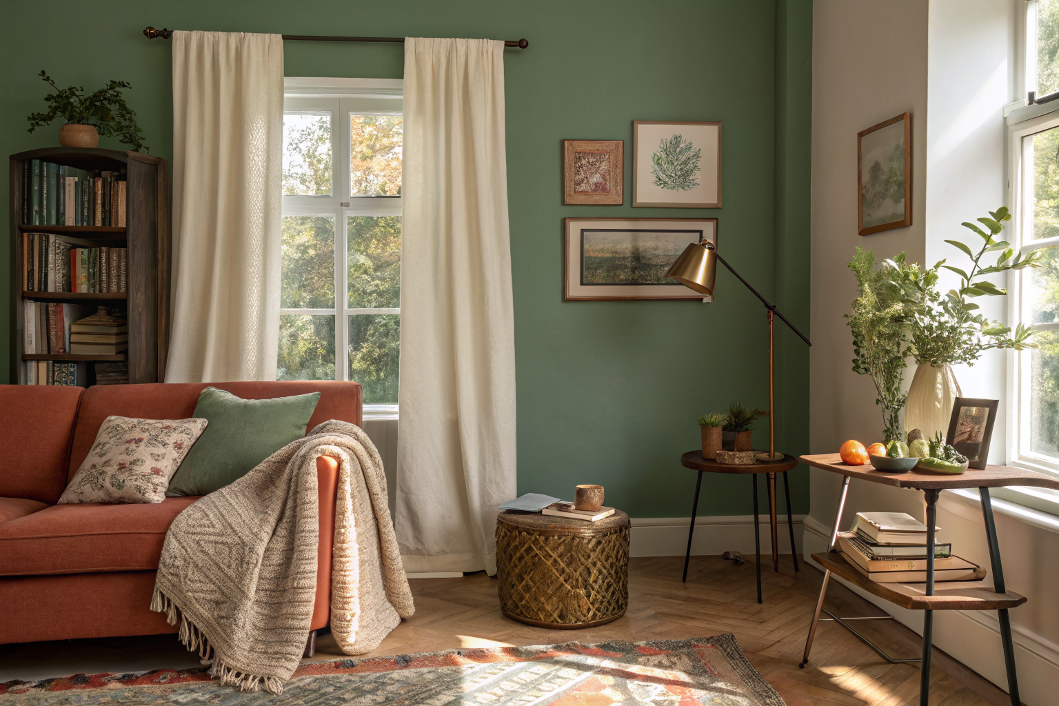A warm, lived-in living room with a vintage lamp, sage green accent wall, eclectic gallery wall, and personal touches that make the space feel uniquely inhabited rather than staged