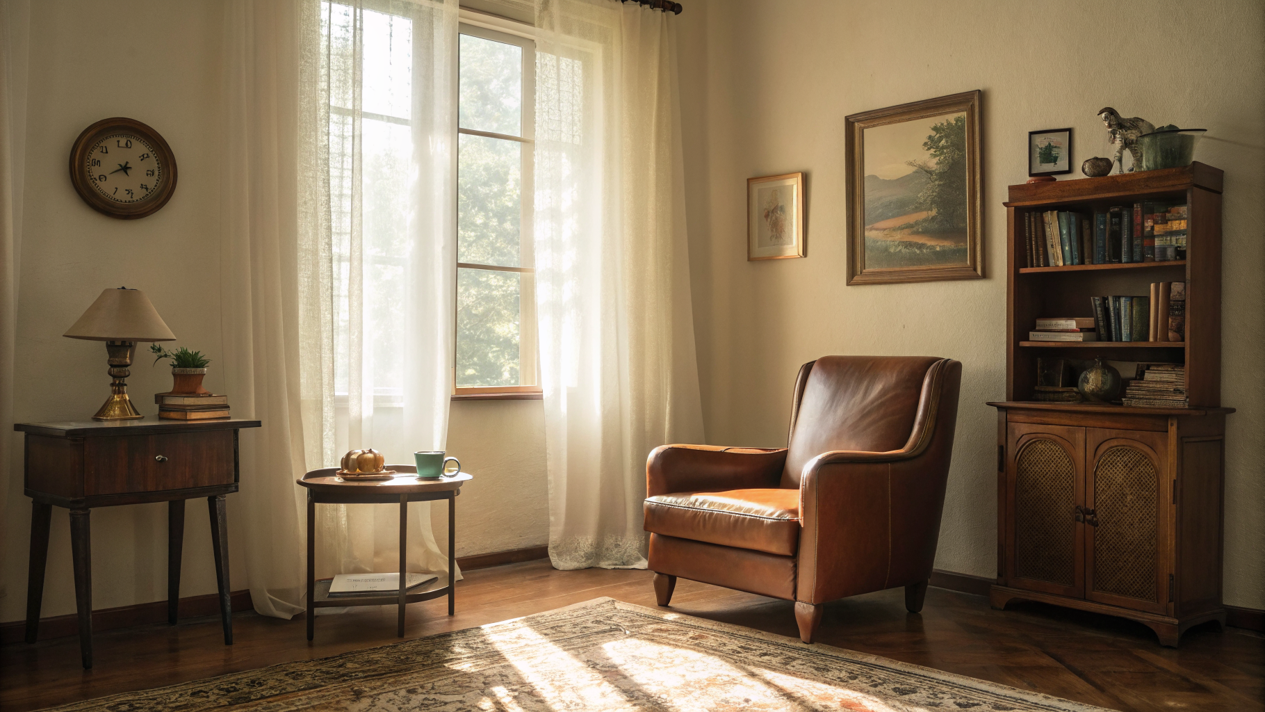 A warmly lit, intentionally sparse vintage living room with a leather armchair, mid-century side table, antique shelf with a few curated objects, and a faded Persian rug — conveying a personal, lived-in aesthetic rather than a museum-like display.