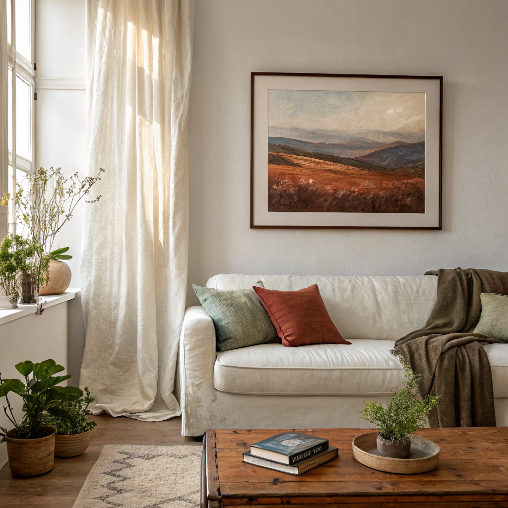 A single large framed artwork hanging at eye level on a white living room wall above a linen sofa, creating a calm and intentional home decor moment