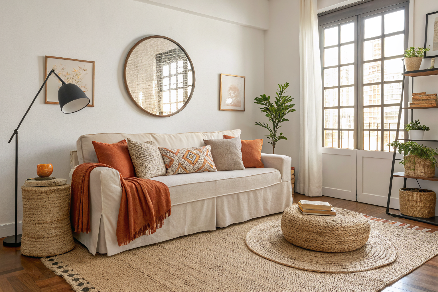 Small apartment living room showing smart decorating choices with a linen sofa, large mirror, warm floor lamp, and affordable throw pillows on a jute rug