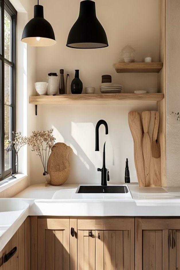 White kitchen with warm wood shelving and matte black faucet, pulls, and pendant light creating a cohesive design throughline