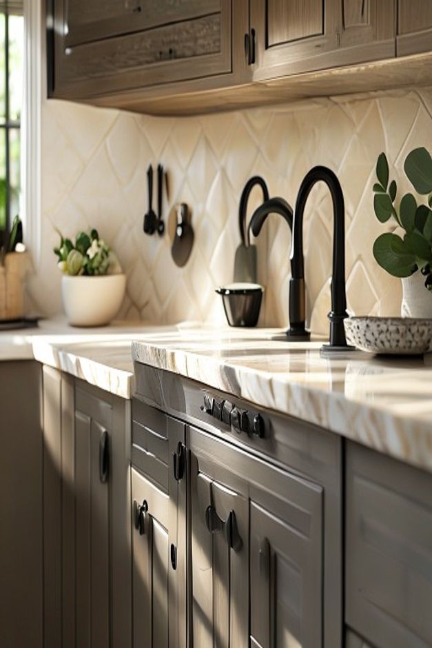 Close-up of a kitchen featuring white quartz countertops, cream zellige tile backsplash, and cohesive matte black cabinet hardware