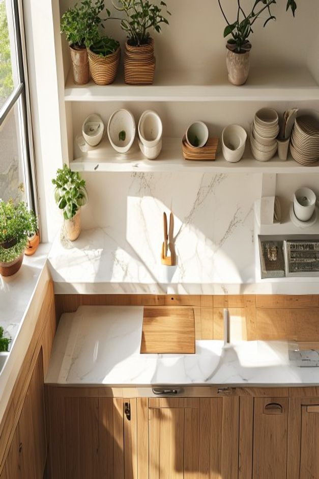 A modern kitchen showing a clear practical countertop workspace beside a curated open shelf display area with ceramics, plants, and cookbooks