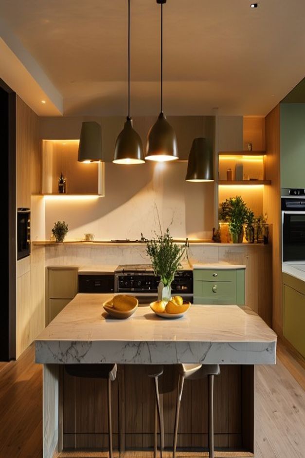 A warmly lit modern kitchen featuring layered lighting including aged brass pendant lights over an island and glowing under-cabinet LED strips illuminating the countertop