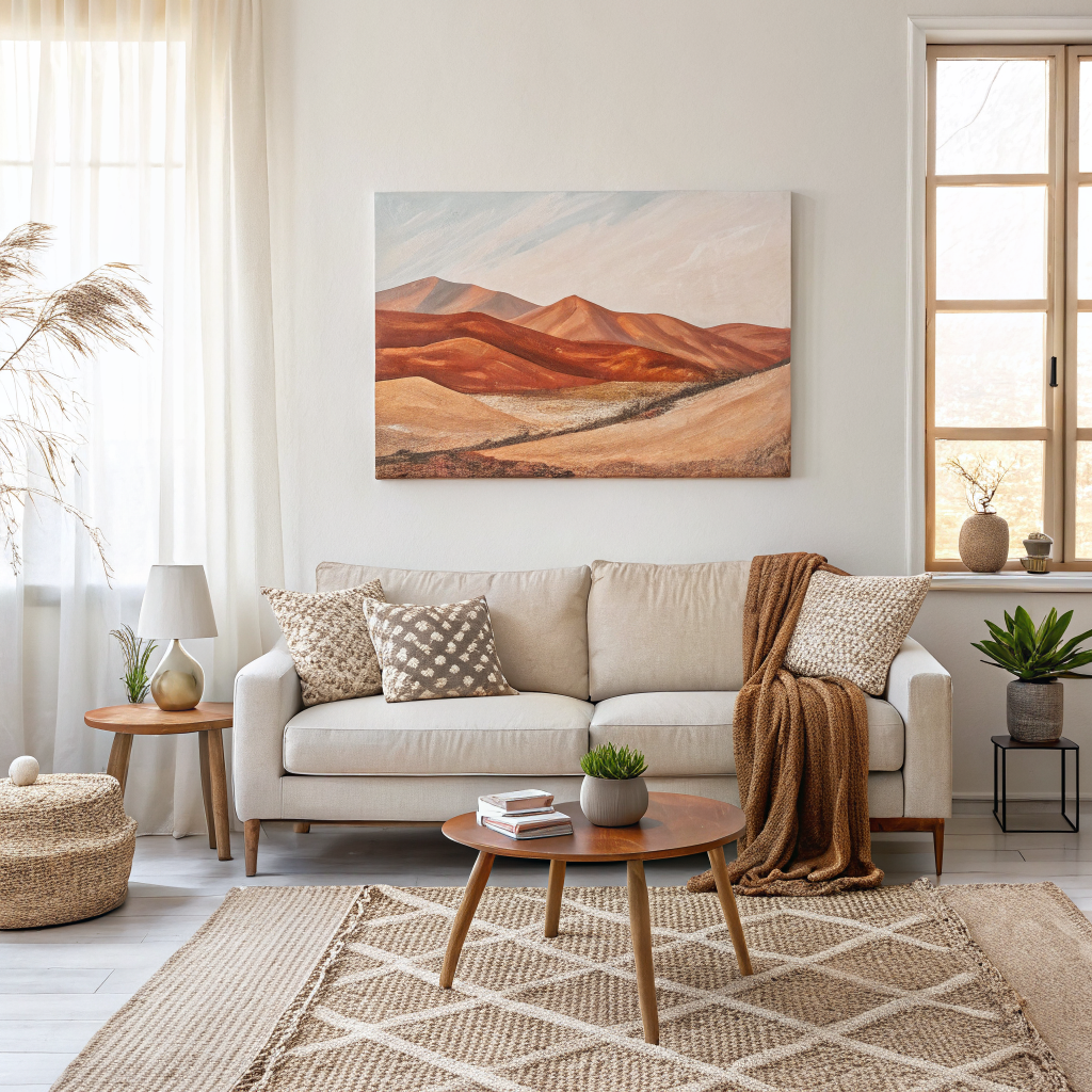 A styled living room with a large abstract canvas painting anchoring the wall above a neutral linen sofa, with coordinating warm-toned throw pillows and a woven area rug below