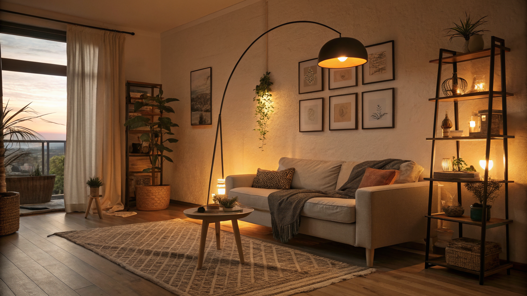 Cozy apartment living room with layered lighting including a floor lamp, table lamp, and shelf light using warm 2700K bulbs for an intimate evening atmosphere