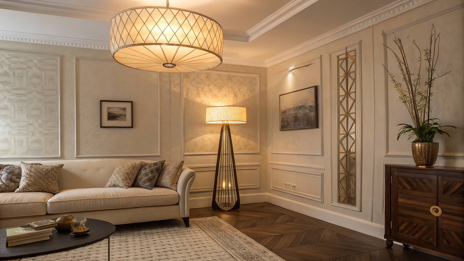 A cozy living room with layered lighting from an overhead pendant, floor lamp, and low wall sconce creating a warm boutique hotel atmosphere