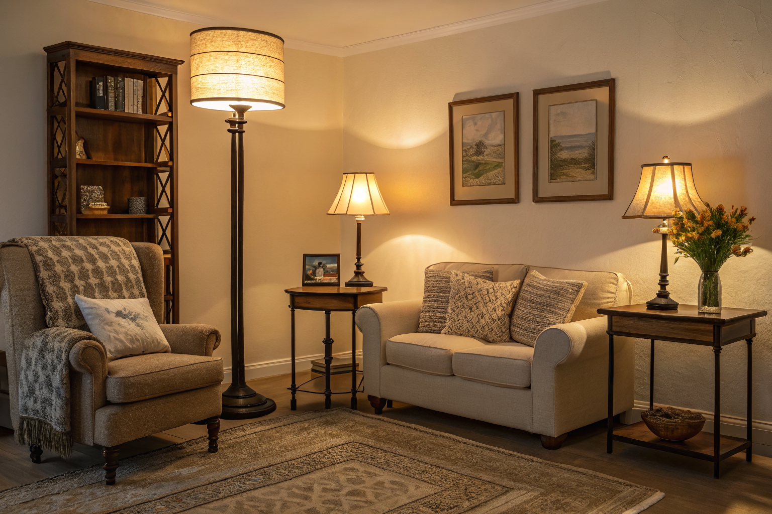 A cozy living room lit by a floor lamp, two table lamps, and a small bookshelf lamp, demonstrating warm layered lighting at multiple heights instead of a single overhead fixture