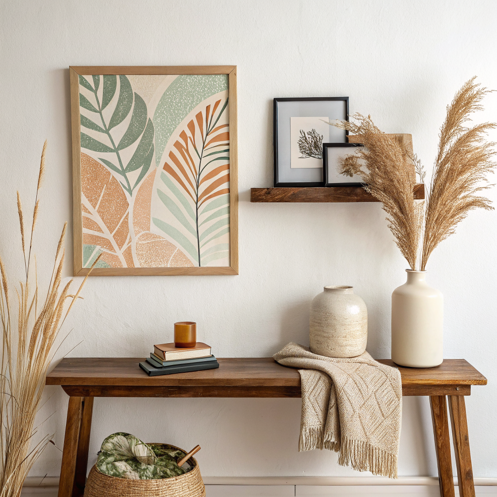 A styled wall vignette with a leaning canvas, layered framed prints on a ledge shelf, ceramic vase, amber glass bottle, and small plant on a travertine table below, surrounded by warm earthy textures