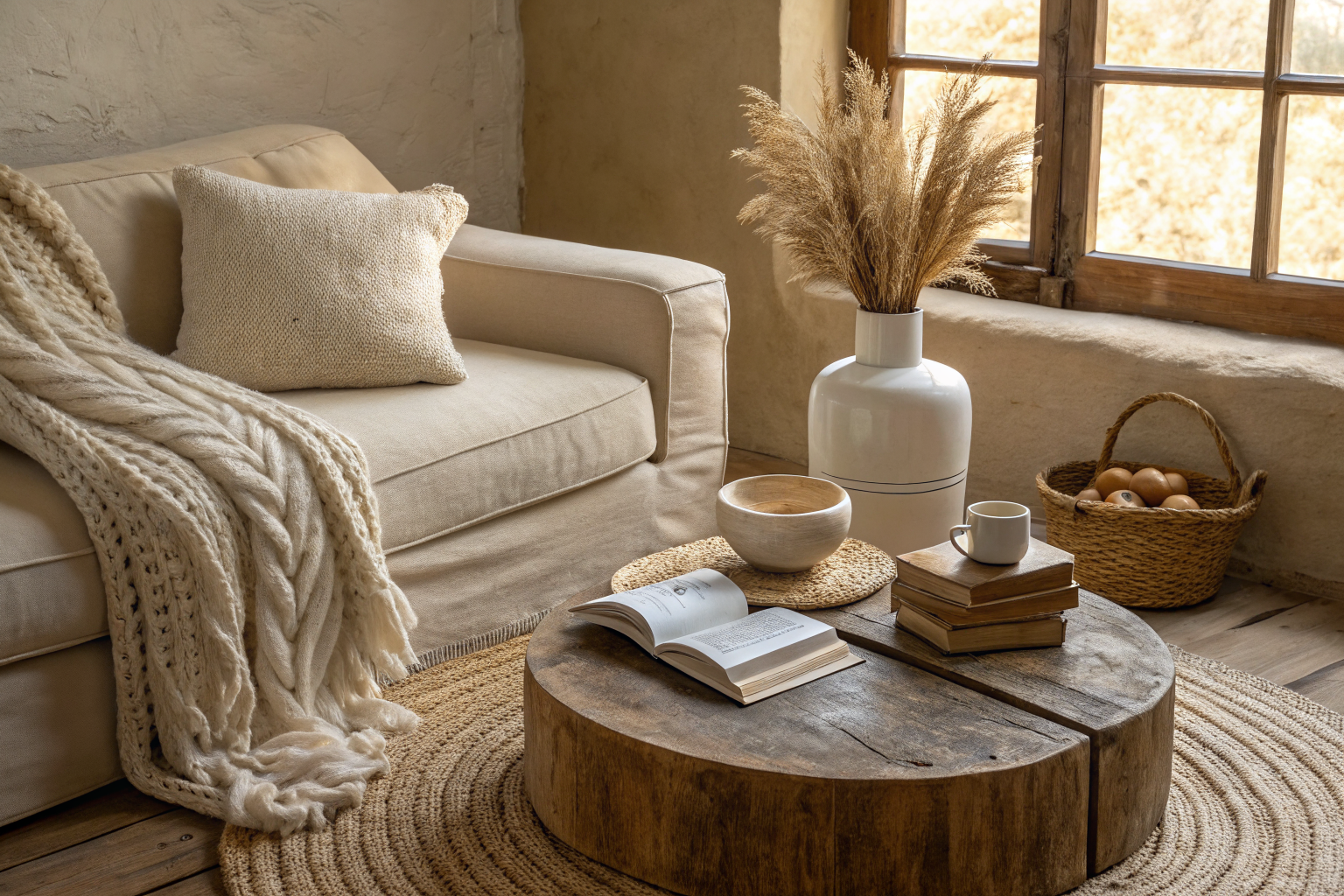 A styled living room corner featuring layered textures including a boucle pillow, linen sofa, jute rug, ceramic bowl, rattan tray, and terracotta pot arranged with warm neutral tones and subtle cool accents