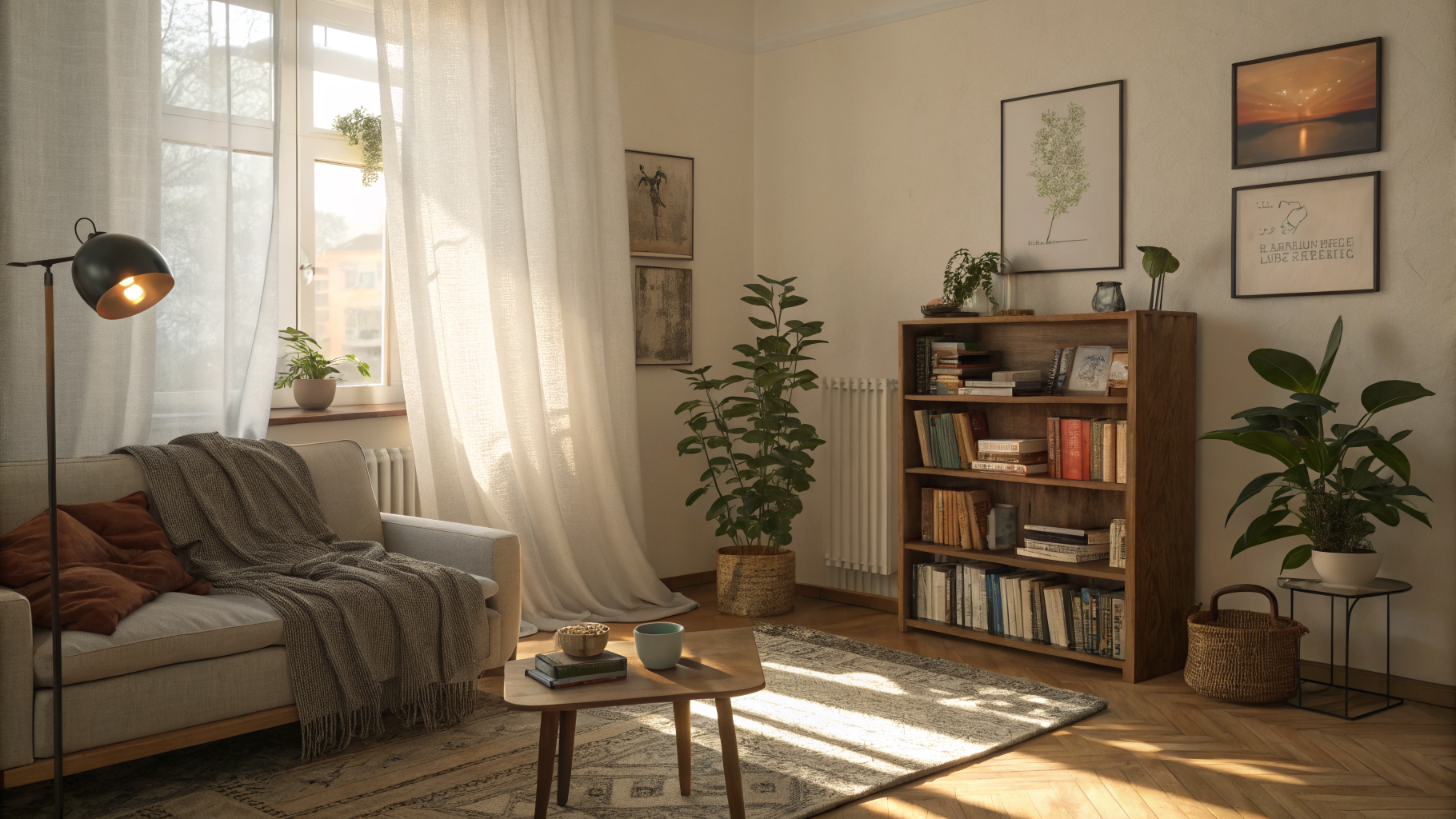A cozy, warmly lit apartment living room styled over time with layered personal touches including a curated bookshelf, soft throw blanket, floor lamp, and gallery wall with mismatched frames