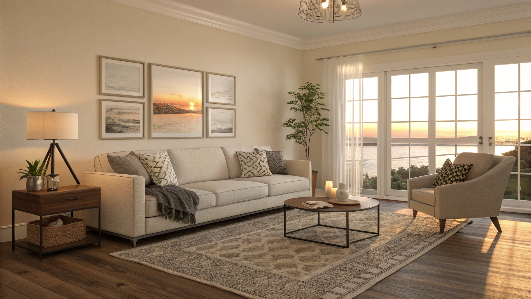 Side by side comparison of a living room styled for photos versus styled for comfortable daily living, showing common decorating mistakes like small rugs, excess throw pillows, and dramatically angled accent chairs