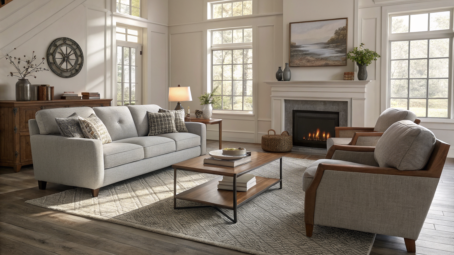 A modern living room with a floating sofa arrangement pulled away from the walls, centered around a fireplace focal point with clear walking paths and an 18-inch gap between the sofa and coffee table
