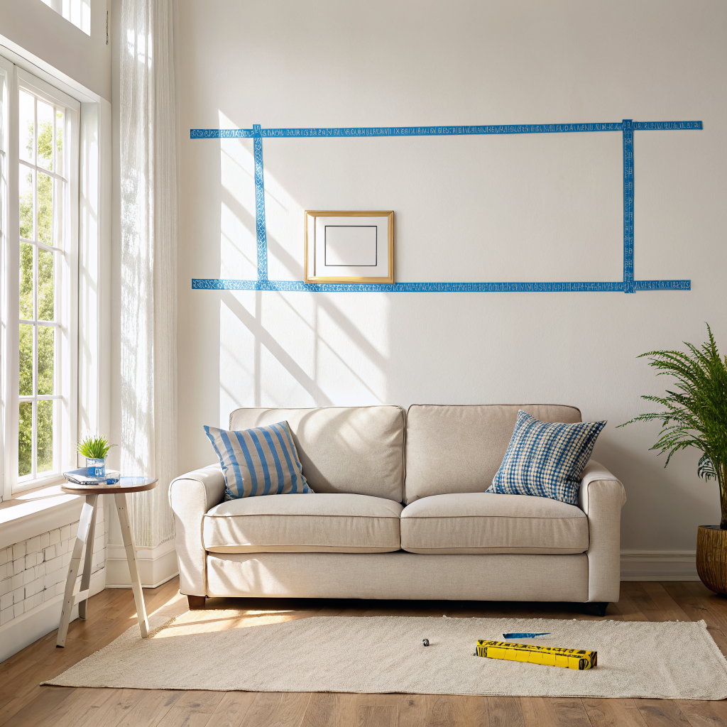 Blue painter's tape outlining a rectangle on a white living room wall above a beige sofa, with a tape measure resting on the cushion, showing how to plan artwork sizing before purchasing