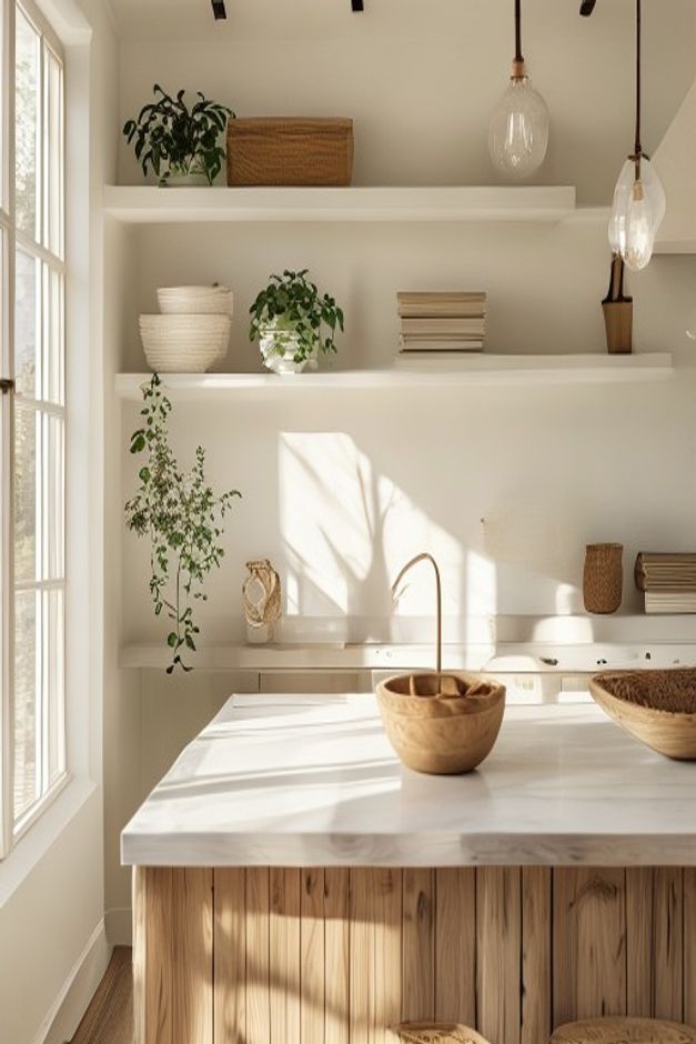 Minimally styled open kitchen shelves with ceramic bowls, plants, and linen napkins arranged in odd-number groupings with intentional empty space, above a clean marble island countertop with only two decorative objects