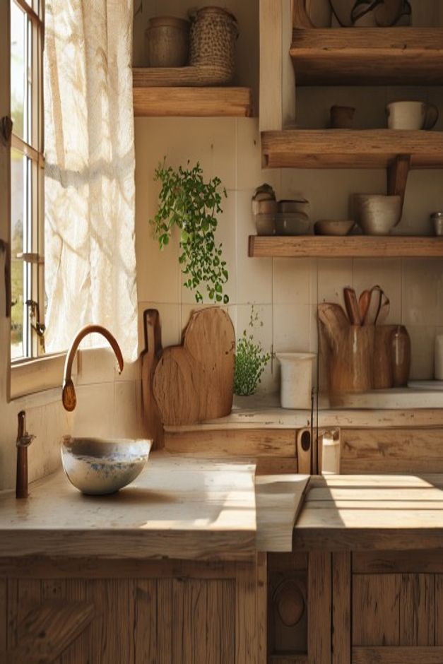 A warm, personal kitchen with a handmade ceramic bowl, worn wooden cutting board, and small terracotta plant on the windowsill, styled with consistent earthy tones and brass hardware