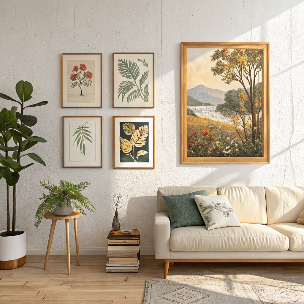 Four framed artworks at different price points displayed on a warm white living room wall, ranging from an affordable digital print to a large original painting