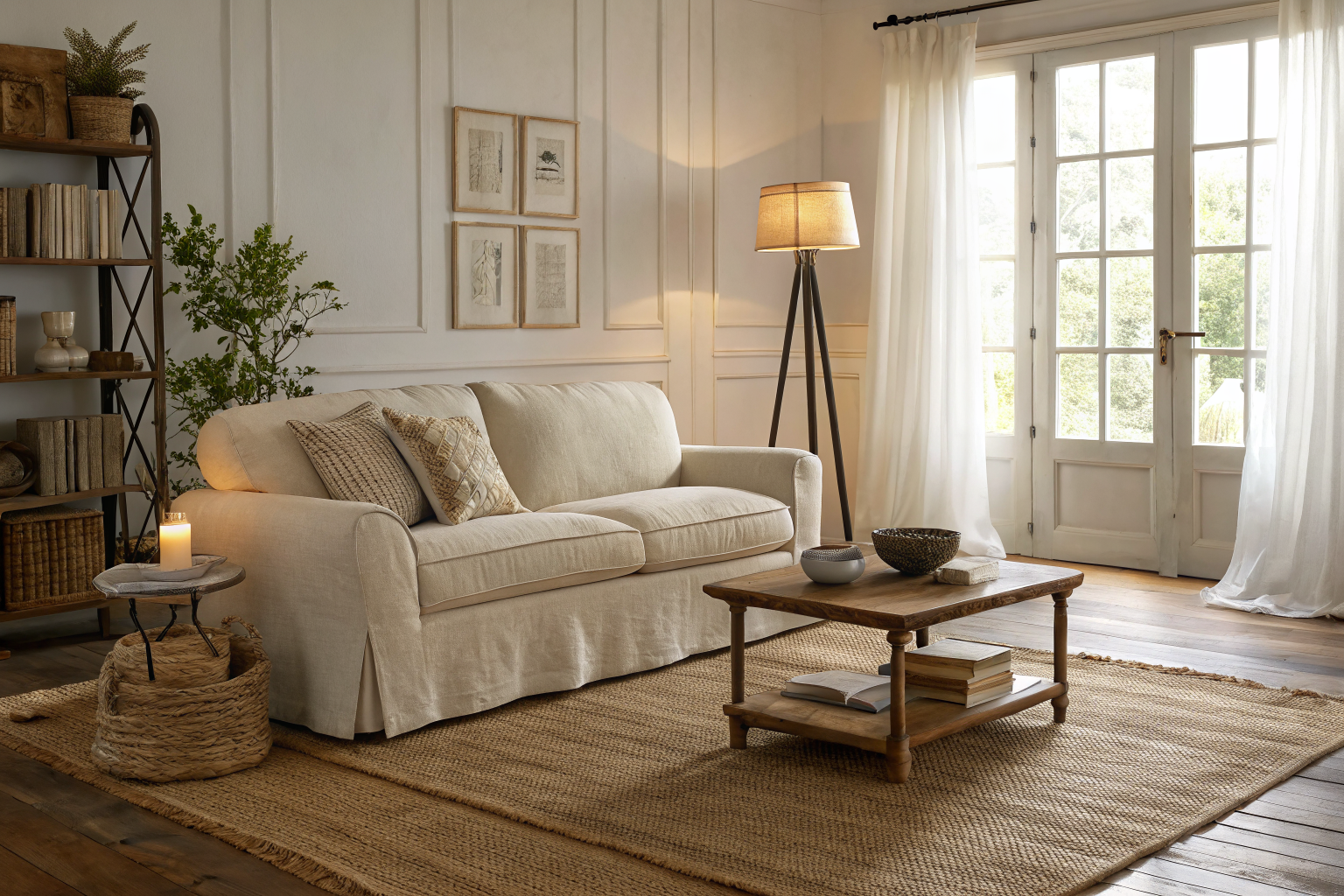 A cozy living room with a sofa pulled off the wall, a large area rug anchoring the seating, layered lamps, and a small potted plant on a styled shelf