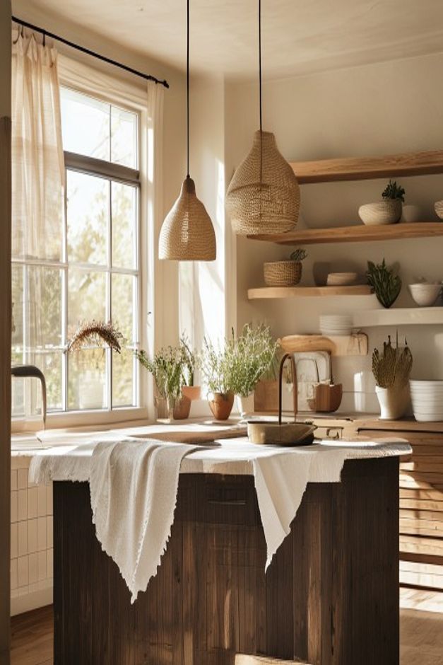 A warm, real-life kitchen with a rattan pendant light, matte black cabinet hardware, open wooden shelving with ceramics and herbs, and a linen-curtained window creating an inviting, intentionally decorated space
