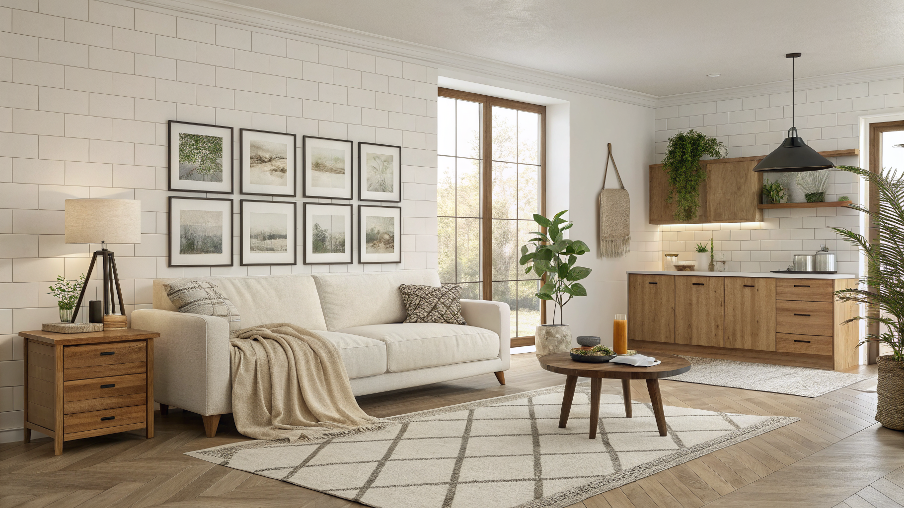 A collage of five styled home vignettes showing a boucle throw on a sofa, matching ceramic bedside lamps, a wooden cutting board leaned against a kitchen backsplash, a console tray with a candle and plant, and a linen towel on a bathroom hook